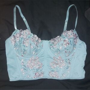 Blue and Pink Floral Embroidered Bustier Top